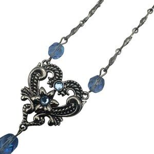 Silver Tone Ornate Pendant Necklace Blue Acrylic Beads Dangles 24 Inches